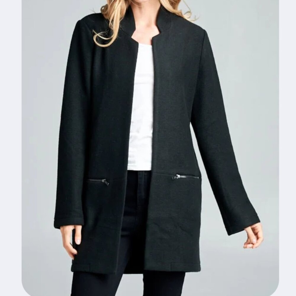 Ellison collarless open cardigan / zipper pockets